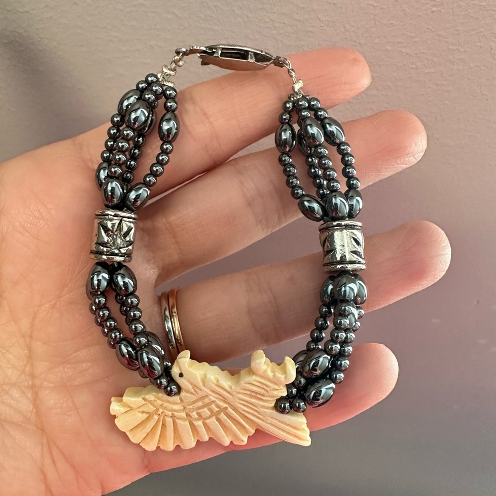 Vintage hematite and carved eagle bracelet